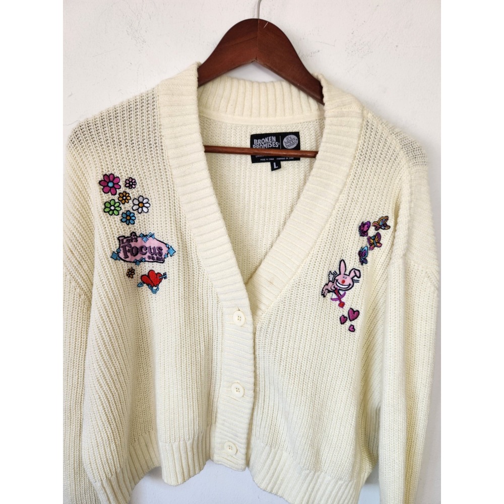 Broken Promises Happy Bunny Cardigan Sz L Y2K McBling Crop Sweater Embroidered